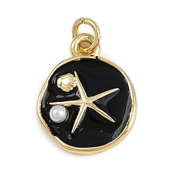 Черный Латунь эмаль подвески, плоские круглые с морскими звездами, с абс пластмассовой имитационной жемчужиной, без кадмия и без свинца, реальный 18 k позолоченный, с целью перехода в кольце, чёрные, 17.5x14x4 мм, отверстие : 3 мм