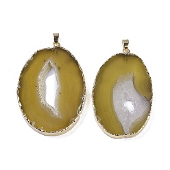 Goldenrod Natural Agate Big Pendants, Oval Charms, Dyed & Heated, with Golden Plated Brass Findings, Goldenrod, 50~62x33~43x5~7mm, Hole: 7.5x4.5mm