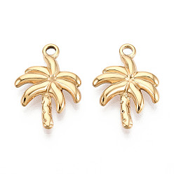 Real 18K Gold Plated 304 Stainless Steel Pendants, Ion Plating(IP), Coconut Tree Charm, Real 18K Gold Plated, 20.8x14.4x3mm, Hole: 2mm