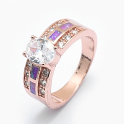 Rose Gold Cubic Zirconia Finger Rings, with Synthetic Opal and Brass Findings, Long-Lasting Plated, Oval, Size 7, Clear, Rose Gold, 17.5mm