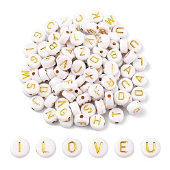 White Plating Acrylic Beads, Metal Enlaced, Mixed Letters, Flat Round, White, 7x4mm, Hole: 1.8mm