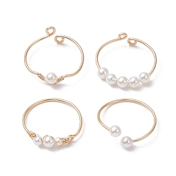 Light Gold 4Pcs 4 Style Brass Wire Wrap Open Cuff Rings Set, Shell Pearl Beaded Stackable Rings, Light Gold, Inner Diameter: 19~20.5mm, 1Pc/style