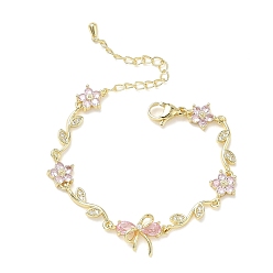 Pink Латунные браслеты-цепочки с микропаве из кубического циркония для женщин, цветок & Bowknot, долговечный, стойки покрытие, без кадмия и без свинца, реальный 18 k позолоченный, розовые, 5.51 дюйм (14 см), бант : 13x18x5 мм