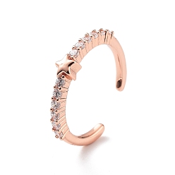 Rose Gold Star Rack Plating Brass Micro Pave Clear Cubic Zirconia Open Rings, Long-Lasting Plated Cuff Ring for Women, Lead Free & Cadmium Free, Rose Gold, Inner Diameter: 15.3mm