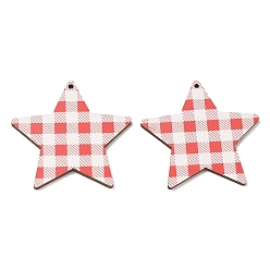 Red MDF Double-faced Printed Big Pendants, Star with Tartan Pattern Charms, Red, 47.5x50x2.5mm, Hole: 1.8mm