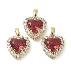 Индийский Красный Настоящие позолоченные подвески из латуни с микропаве из кубического циркония, со стеклом, долговечный, без кадмия и без свинца, сердце, Индийская красная, 18 мм, отверстие : 17x15x7 мм