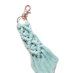 Pale Turquoise Macrame Cotton Cord Woven Tassel Pendant Keychain, with Swivel Clasp, Pale Turquoise, 20x2.5cm