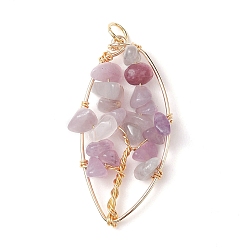 Lilac Jade Natural Lilac Jade Chip Pendants, Golden Plated Brass Leaf Charms, 35~37x17~19x4.5~6.5mm, Hole: 3.3mm