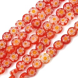 Красный Ручной Millefiori стеклянные плоские круглые нити бисера, один цветочный дизайн, красные, 4.5x2 мм, отверстие : 1 мм, около 96 шт / нитка, 15.04'' (38.2 см)