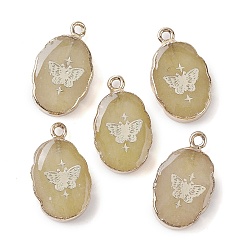 Butterfly Natural White Jade Pendants, Dyed & Heated, Golden Plated Brass Oval Charms, Pale Goldenrod, Butterfly, 22~22.5x13~13.5x4.5mm, Hole: 1.6~1.8mm