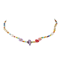 Amethyst Flower Glass Seed & Pearl Beaded Necklaces, with Amethyst Chip, 14.57 inch(37cm)