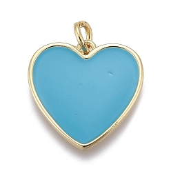 Deep Sky Blue Brass Enamel Pendants, with Jump Rings, Long-Lasting Plated, Real 18K Gold Plated, Heart, Deep Sky Blue, 17x17x2mm, Jump Rings: 5x1mm, Inner Diameter: 3mm