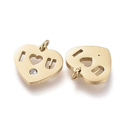 Golden 316 Surgical Stainless Steel Charms, with Jump Rings and Crystal Rhinestone, Heart, Golden, 9x10x1mm, Hole: 1.4mm