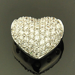 Платина Латуни циркония кубической подвески, сердце, платина, 14x12x9 мм, отверстие : 3x2 мм