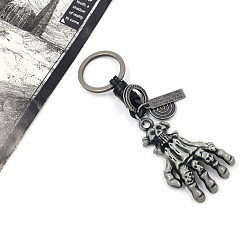Gunmetal Halloween Skeleton Hand Alloy with Cowhide Keychain, for Men Car Key Pendant Decorations, Gunmetal, 13cm