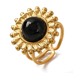 (946F)Морозный цвет внутри  Жонкиль / Непрозрачная зеленая подкладка Круглые перстни из натурального черного агата, солнечно-золотистый тон 304 манжеты из нержавеющей стали для женщин и мужчин, 20 мм, внутренний диаметр: регулируемый