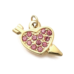 Индийский Розовый 304 подвески из нержавеющей стали, со стразами, ионное покрытие (ip), сердце, с целью перехода в кольце, реальный 14 k позолоченный, индийский розовый, 10.5x16x2.5 мм, отверстие : 3 мм