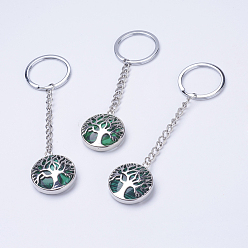 Malachite Synthetic Malachite Keychain, with Iron Key Rings, Iron Chain and Brass Finding, Flat Round with Tree of Life, 100~120mm, Pendant: 31x27x7mm