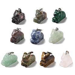 Mixed Stone Natural & Synthetic Mixed Gemstone Pendants, Dog Charms with Platinum Plated Metal Snap on Bails, Mixed Dyed and Undyed, 15.5~17.5x21.5~23x10.5~11mm, Hole: 3x5.5mm