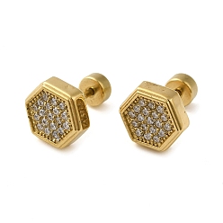 Real 14K Gold Plated 304 Stainless Steel with Rhinestone Stud Earrings for Women, Hexagon, Real 14K Gold Plated, 8x9mm