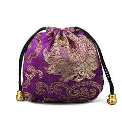 Purple Chinese Style Silk Brocade Jewelry Packing Pouches, Drawstring Gift Bags, Auspicious Cloud Pattern, Purple, 11x11cm