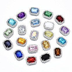 Mixed Color Acrylic Rhinestone Cabochons, with Crystal Rhinestones and Brass Rhinestones Findings, Rectangle, Faceted, Silver, Mixed Color, 23.5x19x6~7mm