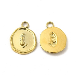 Real 18K Gold Plated Ion Plating(IP) 304 Stainless Steel Pendants, Flat Round with Mermaid Charm, Real 18K Gold Plated, 16x13x2mm, Hole: 2mm