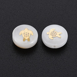 Seashell Color Natural Freshwater Shell Beads, with Golden Plated Brass Metal Embellishments, Flat Round with Tortoise, Seashell Color, 8x3.5mm, Hole: 0.7mm