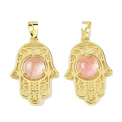 Вишневый Кварц Вишневое из кварцевого стекла подвески, латунные полые хамса ручные амулеты, стойки покрытие, без кадмия и без свинца, золотые, 33x22x6.5 мм, отверстие : 7.5x5 мм
