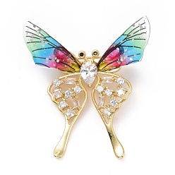 Colorful Resin Butterfly Lapel Pin with Clear Cubic Zirconia, Real 18K Gold Plated Brass Badge with Loop for Jewelry Pendant, Cadmium Free & Lead Free, Colorful, 49x47x5mm