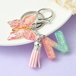 Letter N Resin & Acrylic Keychains, with Alloy Split Key Rings and Faux Suede Tassel Pendants, Letter & Butterfly, Letter N, 8.6cm