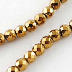 Golden Plated Non-magnetic Synthetic Hematite Beads Strands, Grade A, Faceted, Round, Golden Plated, 3x3mm, Hole: 1mm