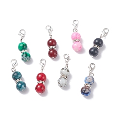 Silver 8Pcs Baking Painted Glass Beaded Pendant Decorations, with Iron Flat Head Pin, Iron Rhinestone Spacer Beads & Alloy Lobster Claw Clasp, Gourd-shaped, Silver Color Plated, 42~42.5mm