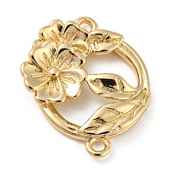 Light Gold Brass Connector Charms, Ring with Flower & Leaf, Light Gold, 15.5x13x3mm, Hole: 1mm