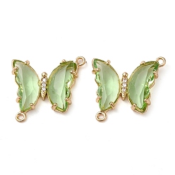Dark Sea Green Brass Pave Faceted Glass Connector Charms, Golden Tone Butterfly Links, Dark Sea Green, 20x22x5mm, Hole: 1.2mm