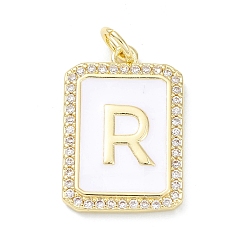 Letter R Brass Enamel Micro Pave Clear Cubic Zirconia Pendants, with Jump Ring, Real 18K Gold Plated, Rectangle Charm, Letter R, 20x13.5x2mm, Hole: 3.4mm