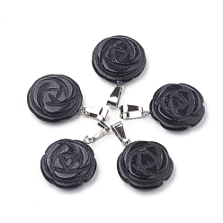 Blue Goldstone Synthetic Blue Goldstone Pendants, with Stainless Steel Snap On Bails, Flower, 23x20x6~7mm, Hole: 7x4mm