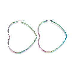Rainbow Color 304 Stainless Steel Hoop Earrings, Hypoallergenic Earrings, Heart, Rainbow Color, 12 Gauge, 67x58x2mm, Pin: 1x0.6mm