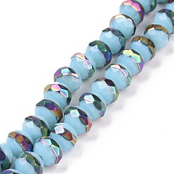 Light Sky Blue Handmade Porcelain Beads Strands, Facted, Rondelle, Half Plated, Light Sky Blue, 8x6.5mm, Hole: 1.4mm, about 66pcs/strand, 16.77 inch(42.6cm)