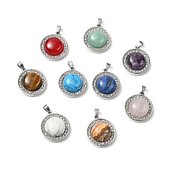 Mixed Stone Natural & Synthetic Mixed Gemstone Pendants, with Stainless Steel Color Tone 304 Stainless Steel and Crystal Rhinestone Findings, Half Round Charm, Mixed Dyed and Undyed, 24.5x21x8mm, Hole: 3.5x6mm