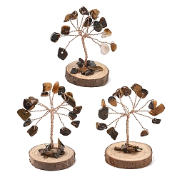 Tiger Eye Natural Tiger Eye Chips Tree of Life Decorations, with Wooden Base & Copper Wire, Feng Shui Energy Stone Gift for Home Desktop Decoration, 31~32x29~33x33~50mm