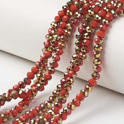Red Electroplate Opaque Glass Beads Strands, Half Golden Plated, Faceted, Rondelle, Red, 4x3mm, Hole: 0.4mm, about 130pcs/strand, 16.54 inch(42cm)
