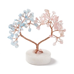 Mixed Stone Natural Rose Quartz with Aquamarine Chips and Natural White Jade Pedestal Display Decorations, with Rose Gold Plated Brass Wires, Lucky Tree, 52~56x95~110x91~108mm