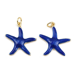 Синий Латунные эмалевые подвески в виде морских звезд, прелести морских животных, с прыжковых колец, золотые, стойки покрытие, без кадмия и без свинца, долговечный, синие, 22x20.5x2.5 мм, отверстие : 3.4 мм