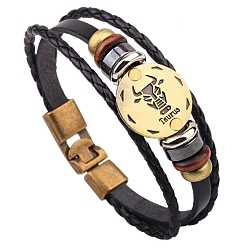 Taurus Braided Cowhide Cord Multi-Strand Bracelets, Constellation Bracelet for Men, with Wood Bead & Alloy Clasp, Taurus, 8-1/4 inch(21cm)