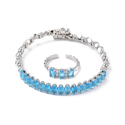 Темно-Голубой Овальные латунные браслеты-манжеты и кольца с микропаве из кубического циркония для женщин, стойки покрытие, платина, глубокое синее небо, браслет: 7ширина мм, внутренний диаметр: 59.5x55 мм