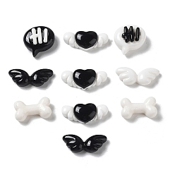 White Opaque Resin Cabochons, Heart & Wing & Bowknot, Mixed Shapes, Black, White, 12.5~18x8~12.5x4~6.5mm