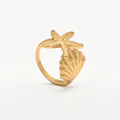 Настоящее золото 18K Латунные манжеты открытые кольца для женщин, морская звезда и форма раковины, реальный 18 k позолоченный, 16 mm ~ 20 mm