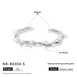 Нержавеющая Сталь Цвет 304 Браслеты-манжеты из нержавеющей стали с имитацией жемчуга для женщин, круглые, кремово-белые, цвет нержавеющей стали, внутренний диаметр: 2.36 дюйм (6 см)