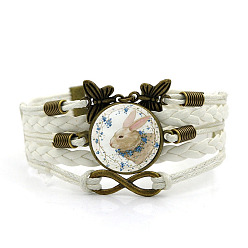 White Easter Rabbit Pattern Glass Link Multi-strand Bracelet, Alloy Butterfly & Infinity Braided Wide Bracelet for Women, White, 6-3/4 inch(17cm)